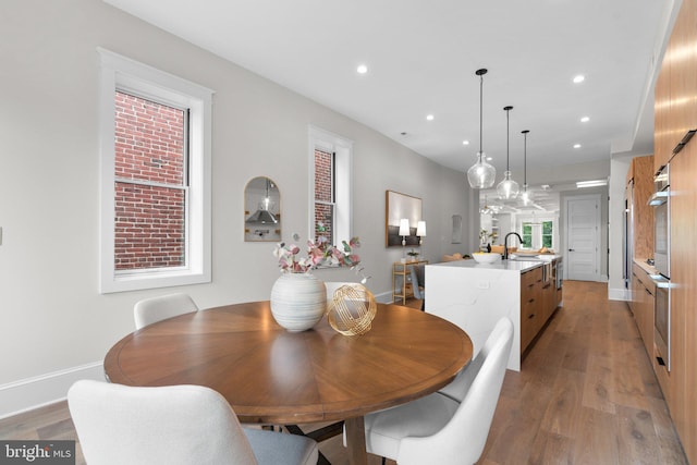 dining space with hardwood / wood-style flooring and sink