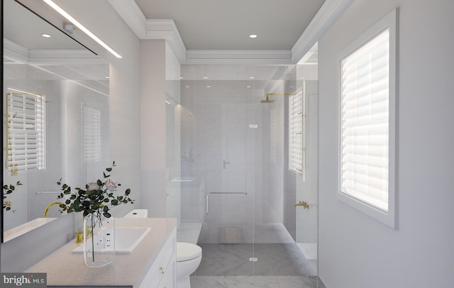 bathroom with crown molding, vanity, toilet, and walk in shower