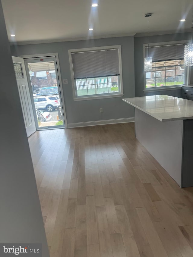 unfurnished dining area featuring ornamental molding, plenty of natural light, and light hardwood / wood-style floors