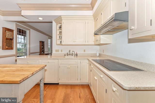 kitchen with sink, ornamental molding, light hardwood / wood-style floors, black electric cooktop, and kitchen peninsula