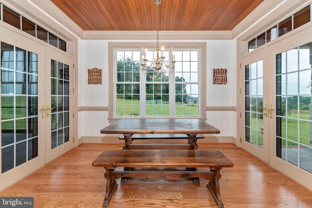 sunroom with a notable chandelier, wood ceiling, and french doors