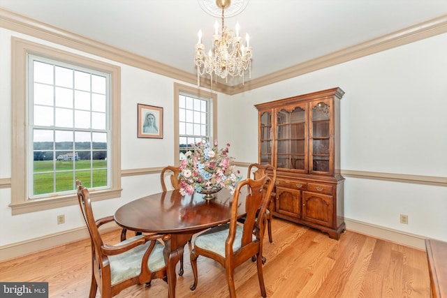 dining space with crown molding, a healthy amount of sunlight, and light wood-type flooring