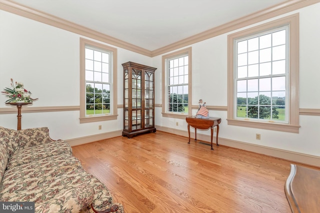 sitting room with crown molding and light wood-type flooring