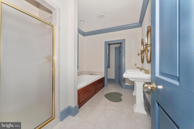 bathroom featuring crown molding, tile patterned floors, and independent shower and bath