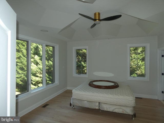 living area featuring ceiling fan and light wood-type flooring