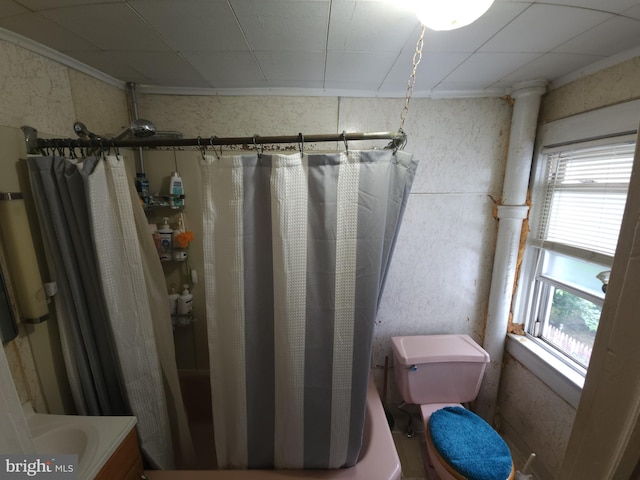 full bathroom featuring shower / bathtub combination with curtain, toilet, and vanity