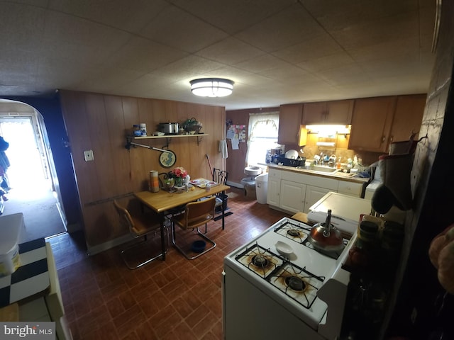 kitchen featuring sink, wooden walls, and white stove