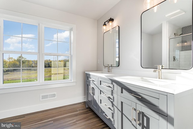 bathroom featuring vanity, wood-type flooring, and a shower with door