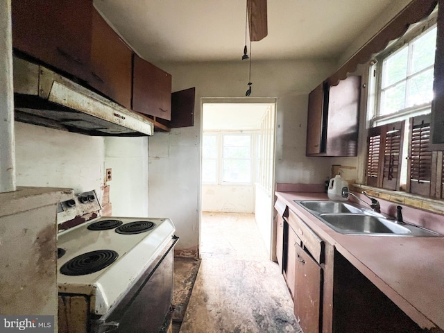 kitchen with white electric range, light wood-type flooring, and sink