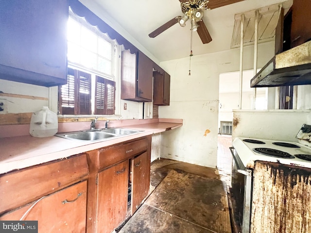 kitchen with ventilation hood, ceiling fan, sink, and white electric range oven