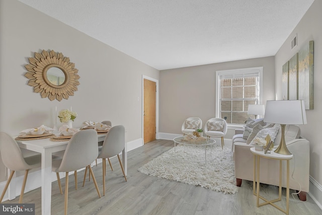 living room with light hardwood / wood-style floors and a textured ceiling