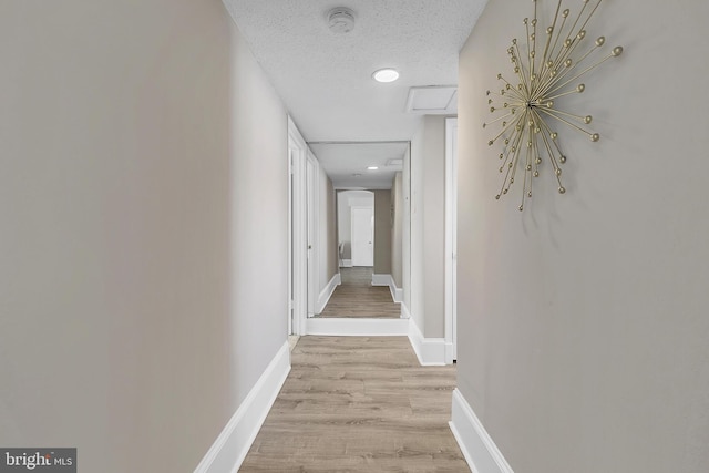 corridor featuring a textured ceiling and light hardwood / wood-style flooring