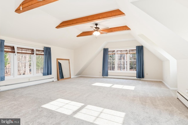 additional living space with vaulted ceiling with beams, a baseboard radiator, and light colored carpet