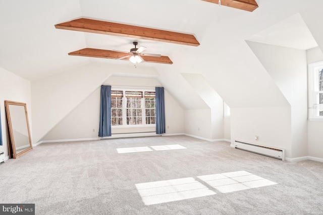 additional living space featuring a baseboard heating unit, light colored carpet, vaulted ceiling with beams, and ceiling fan