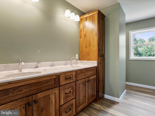 bathroom with double vanity, baseboards, a sink, and wood finished floors