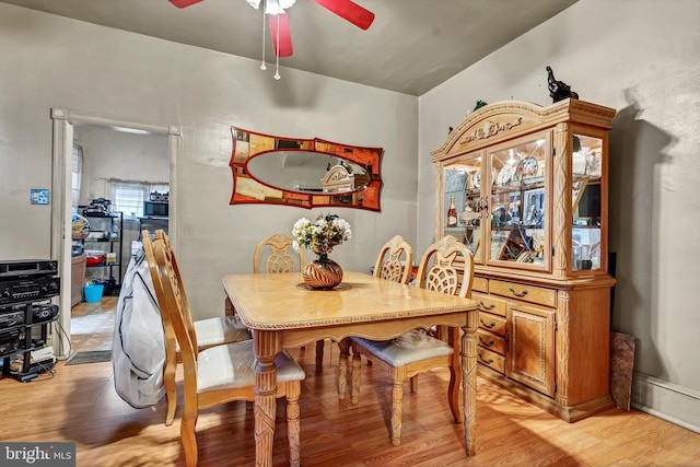 dining space featuring light hardwood / wood-style floors and ceiling fan