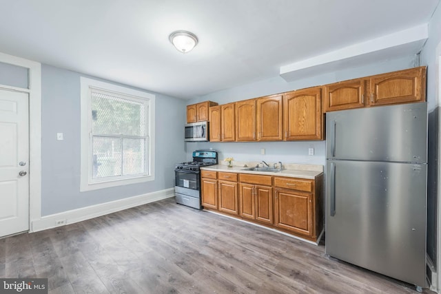 kitchen with sink, light hardwood / wood-style flooring, and stainless steel appliances