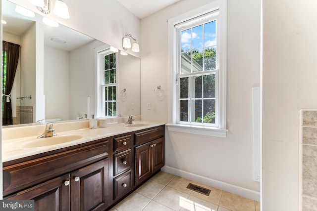 bathroom featuring tile patterned floors, double vanity, and plenty of natural light