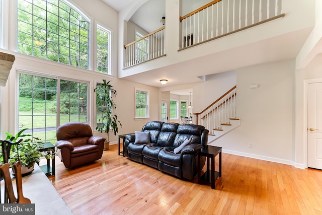 living room with light hardwood / wood-style floors and a high ceiling