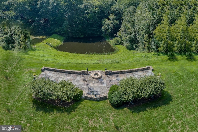 bird's eye view with a water view