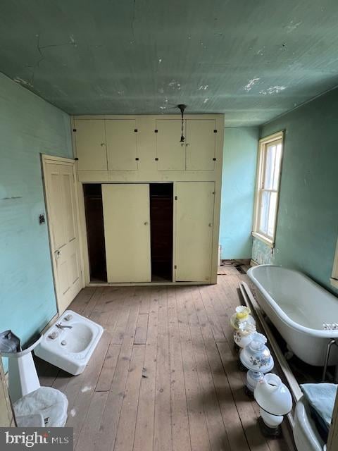 bathroom with hardwood / wood-style floors and a tub