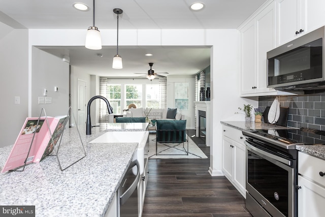 kitchen featuring white cabinetry, tasteful backsplash, dark hardwood / wood-style floors, stainless steel appliances, and sink