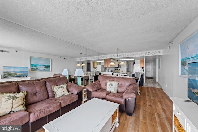 living room with a textured ceiling and light hardwood / wood-style floors