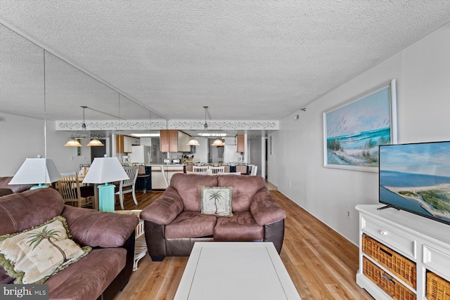 living room with a textured ceiling and light wood-type flooring