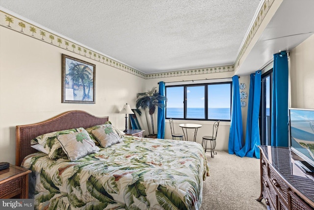 carpeted bedroom featuring a textured ceiling