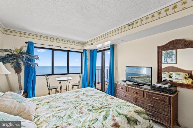 bedroom with access to outside and a textured ceiling