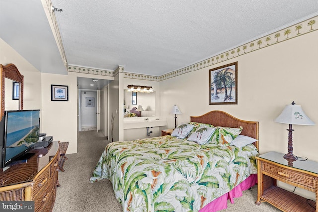 carpeted bedroom featuring a textured ceiling