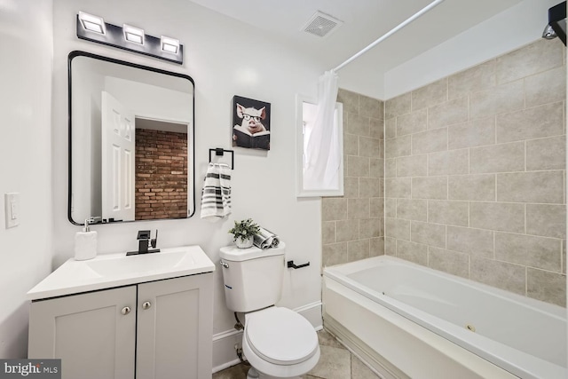 full bathroom featuring tile patterned flooring, vanity, shower / bathtub combination with curtain, and toilet