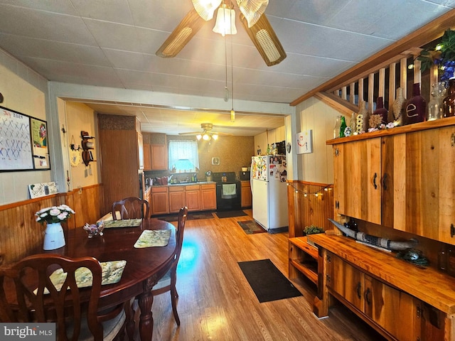 dining room with ceiling fan, wood walls, and light wood-type flooring