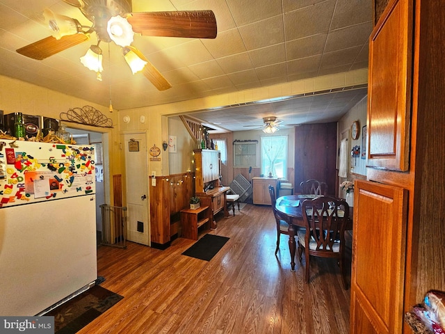 dining space with hardwood / wood-style flooring and ceiling fan