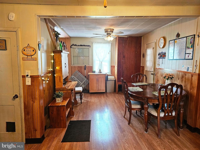 dining room with hardwood / wood-style floors, wooden walls, and ceiling fan