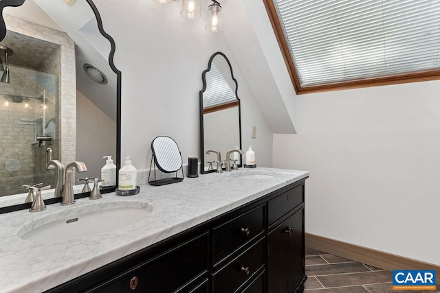 bathroom with walk in shower, tile patterned flooring, crown molding, and double sink vanity