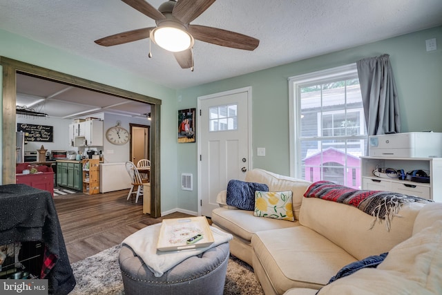 living room featuring a textured ceiling, wood-type flooring, and ceiling fan