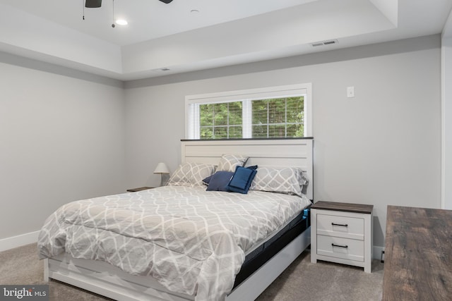 bedroom with carpet, ceiling fan, and a tray ceiling