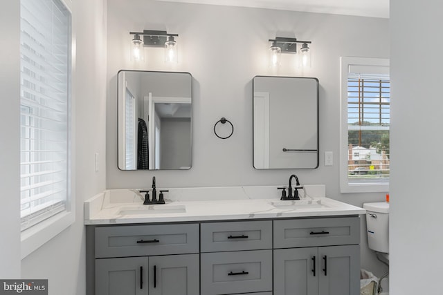 bathroom with toilet and dual bowl vanity