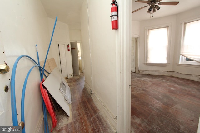 interior space with ceiling fan and wood-type flooring