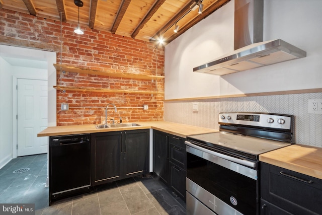 kitchen featuring brick wall, dishwasher, electric range, wooden ceiling, and wall chimney range hood