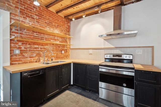 kitchen featuring electric stove, brick wall, black dishwasher, and wooden ceiling