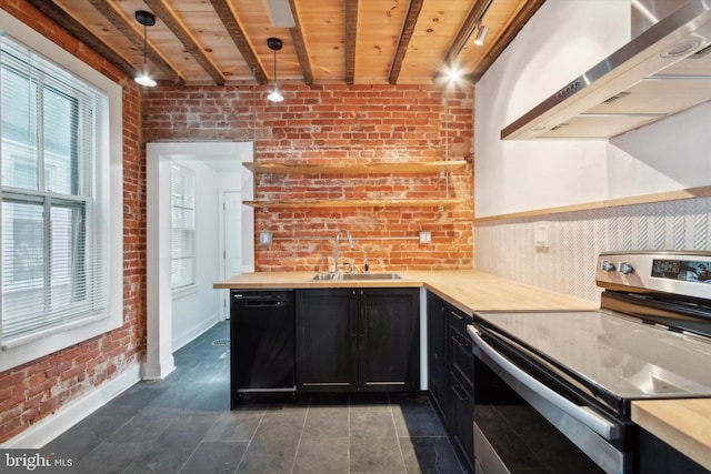 kitchen featuring pendant lighting, sink, extractor fan, black dishwasher, and stainless steel electric range oven