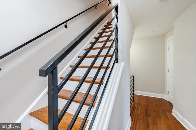 staircase with hardwood / wood-style flooring