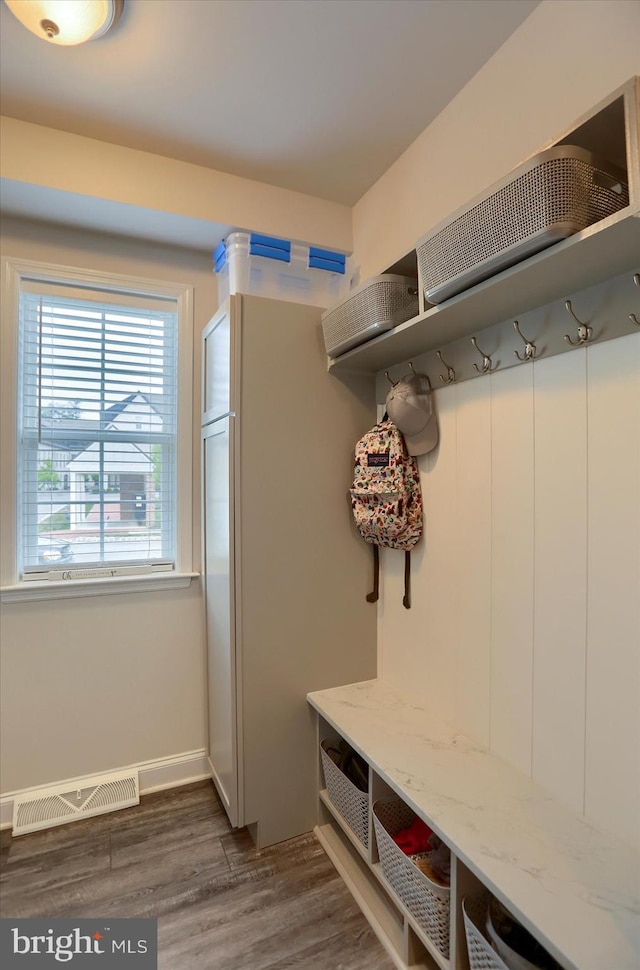 mudroom with dark hardwood / wood-style flooring