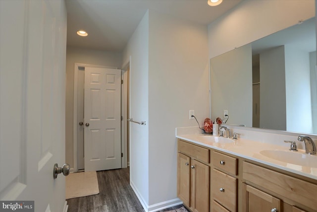 bathroom with hardwood / wood-style flooring and vanity