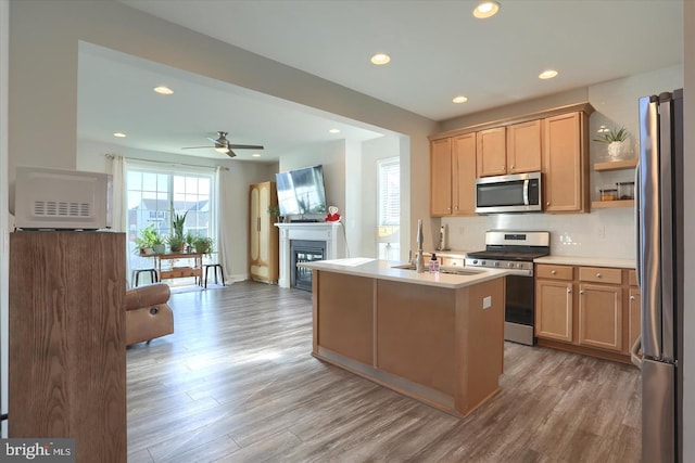 kitchen with sink, stainless steel appliances, tasteful backsplash, wood-type flooring, and an island with sink