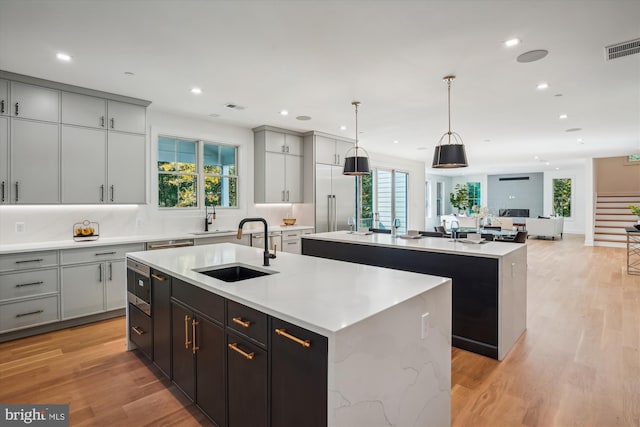 kitchen featuring pendant lighting, light wood-type flooring, a healthy amount of sunlight, and an island with sink