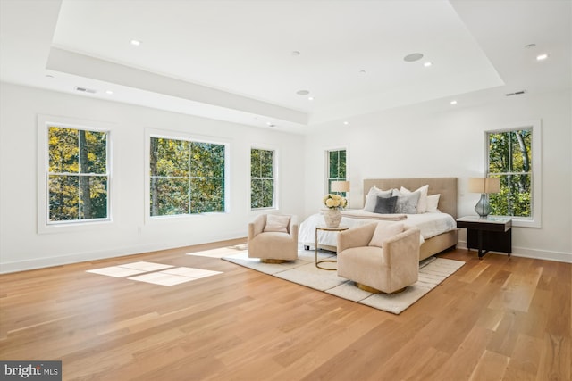 bedroom with a tray ceiling and light hardwood / wood-style flooring