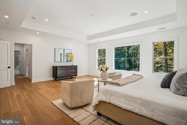 bedroom featuring a raised ceiling and light wood-type flooring